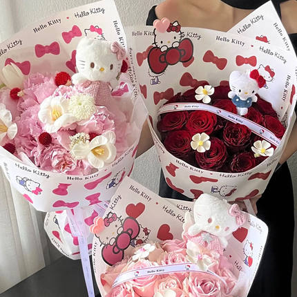 新款情人节HelloKitty系列爱心蝴蝶结鲜花包装纸花艺花纸花店礼物