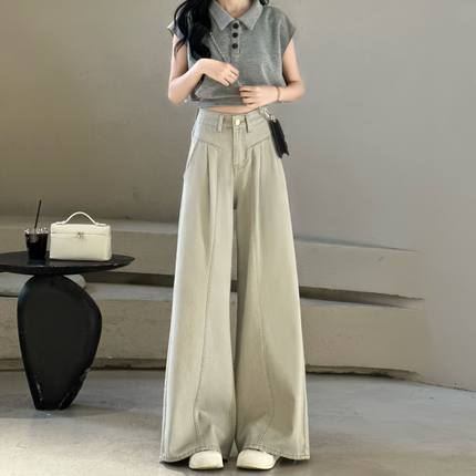 莫兰迪灰设计感宽松阔腿高腰显瘦垂感百搭直筒裤牛仔裤女7300 G