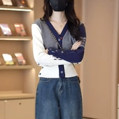 7472 GY学院风针织开衫 韩系百搭时髦设计感小个子三条杠V领毛衣