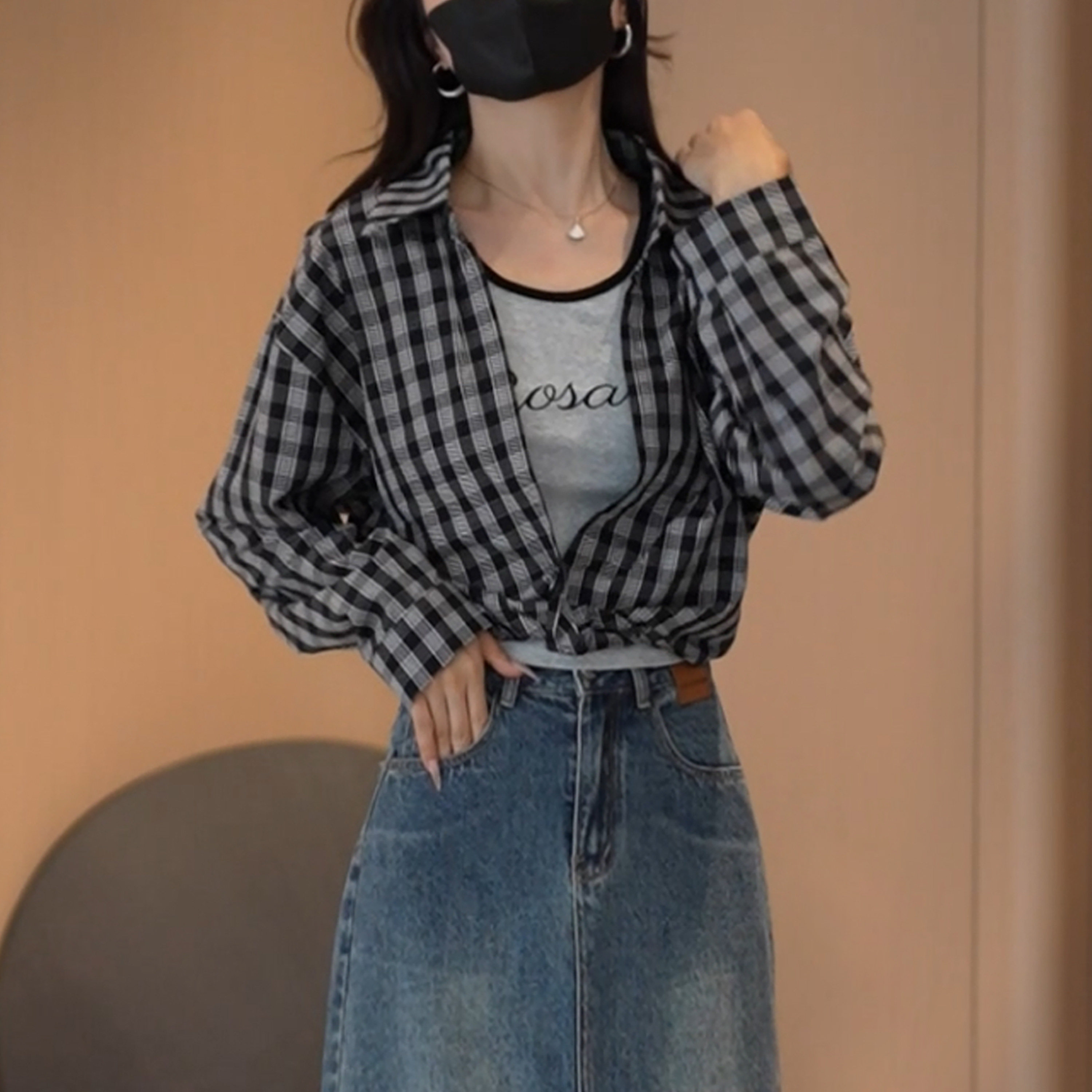 7638 格子翻领不规则衬衫+字母背心时尚两件套秋季新款女装