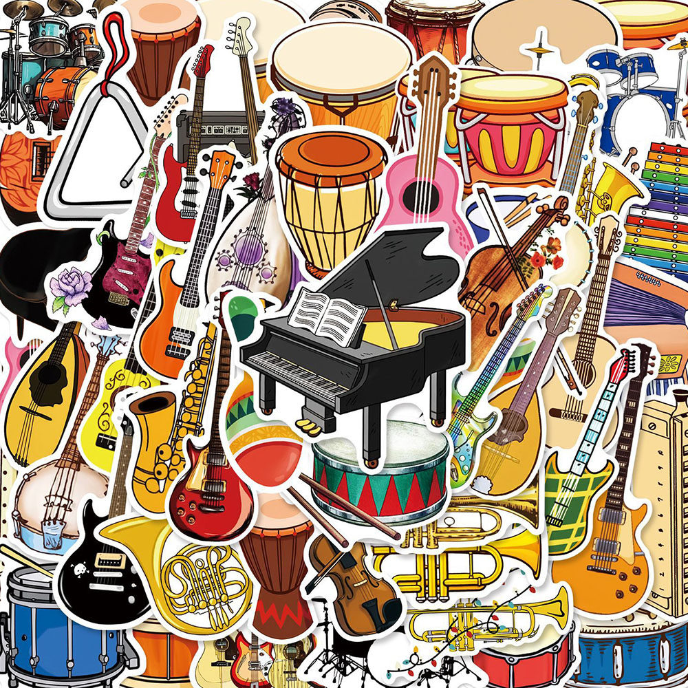 100张乐器涂鸦贴纸卡通小提琴唢呐钢琴琵琶创意装饰贴画防水自粘