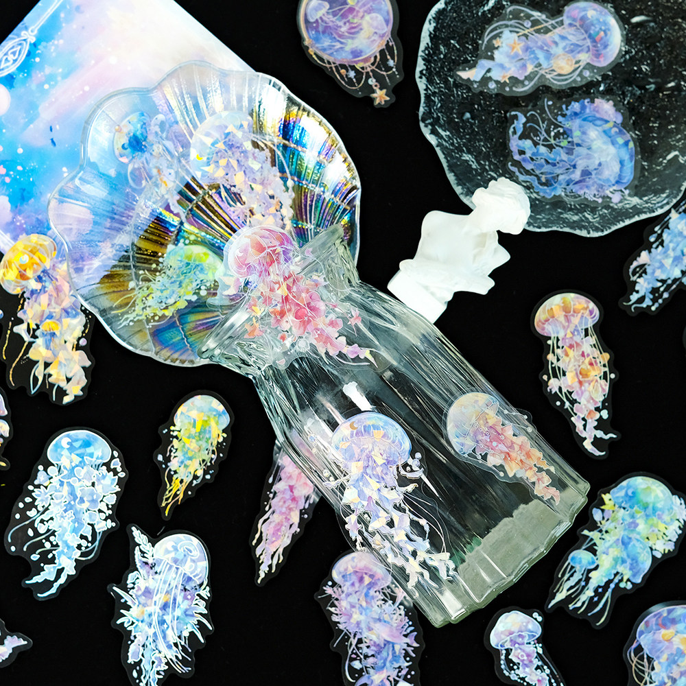 30张水母镭射烫银pet贴纸ins风小清新可爱海底生物diy贴画