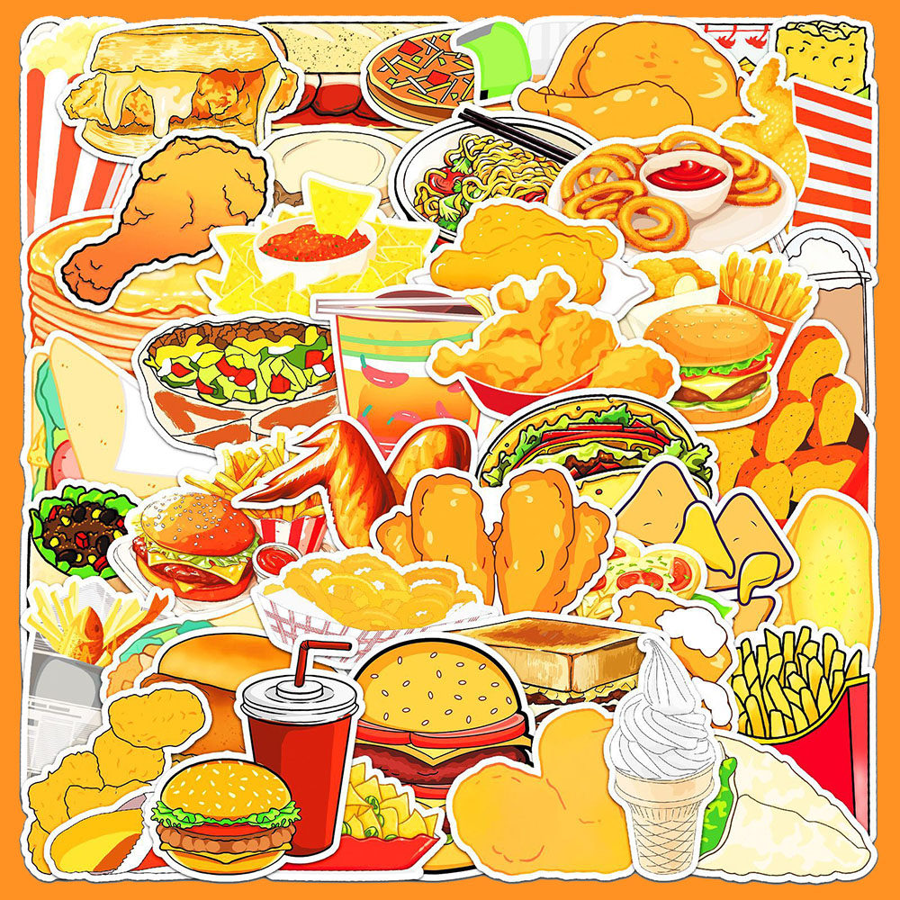 100张卡通食物美食贴纸汉堡薯条鸡腿创意装饰手机壳手账防水贴画