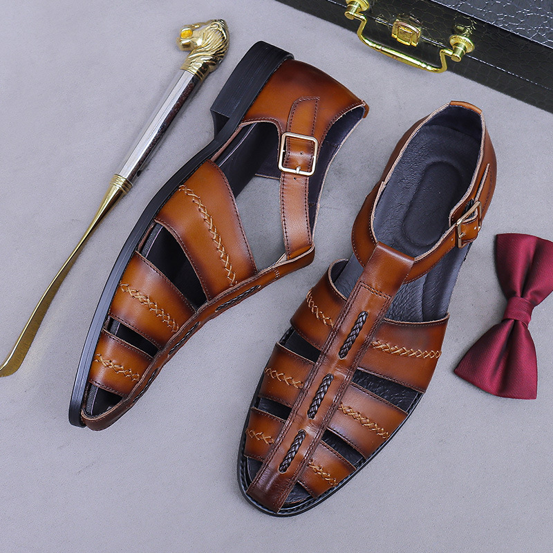 夏季男士真皮手工镂空凉鞋搭扣透气复古英伦风潮流商务休闲凉皮鞋