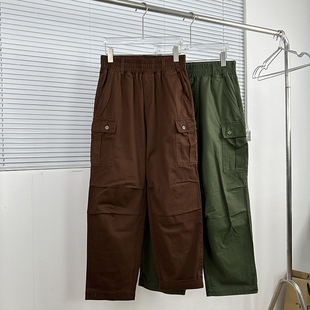 包邮 F家皱褶设计复古口袋工装裤 春夏百搭水洗松紧腰直筒休闲裤
