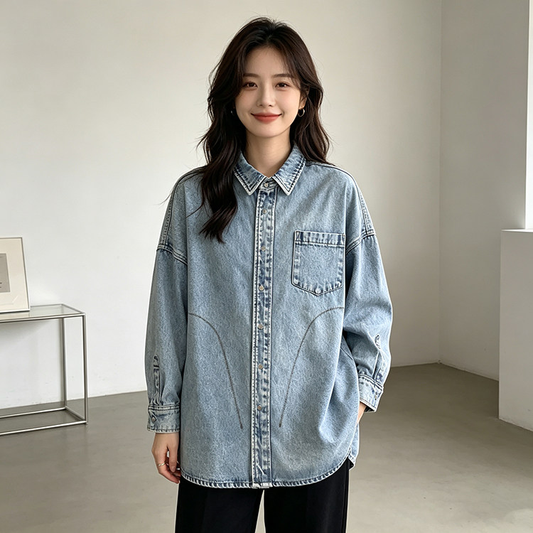 包邮 欧阳na娜同款超宽松男女款衬衫 重工扎染水洗口袋薄牛仔外套