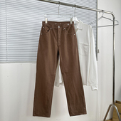 韩系通勤复古高腰牛仔裤 高瘦姐妹无弹窄口直筒裤 包邮 试衣剪