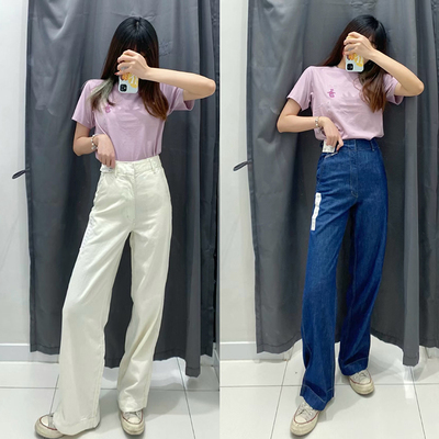 包邮试衣剪 高个子复古拖地阔腿裤 春夏休闲百搭水洗高腰薄牛仔裤