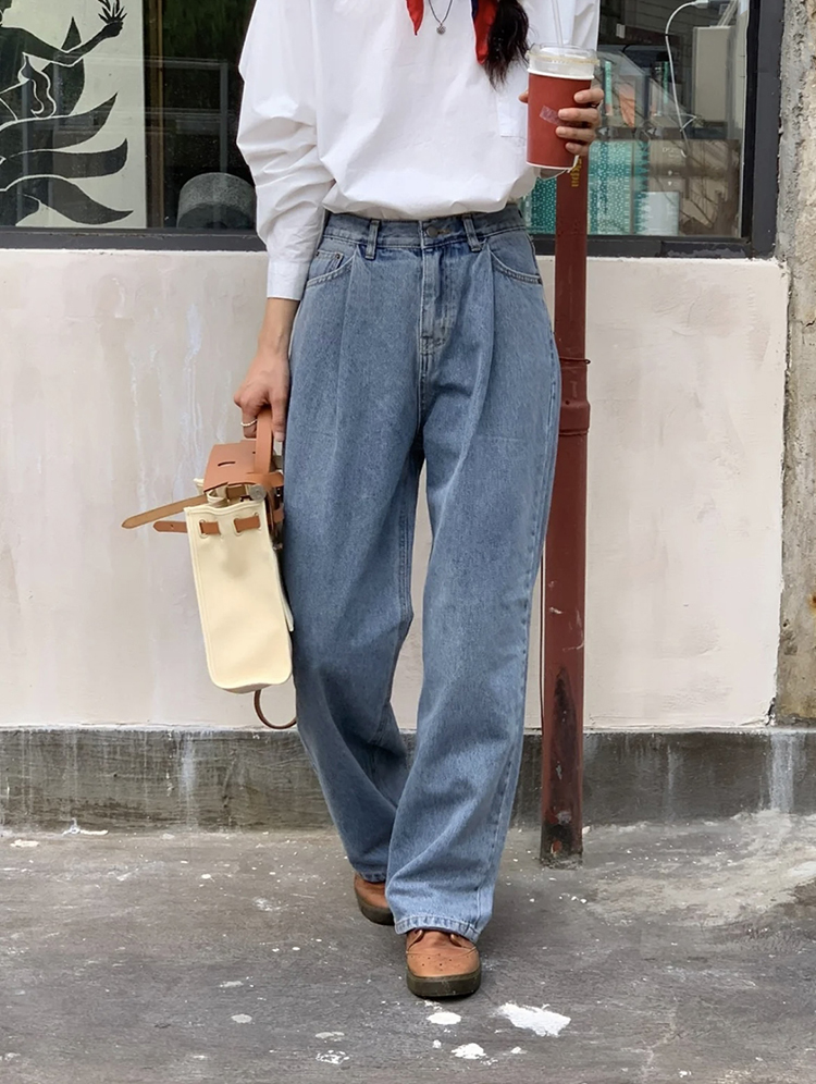 包邮 SEVE*ER皱褶设计感显个性 韩版通勤复古水洗高腰直筒牛仔裤