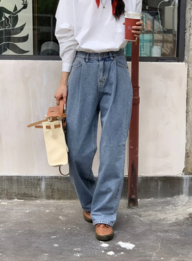 包邮 SEVE*ER皱褶设计感显个性 韩版通勤复古水洗高腰直筒牛仔裤