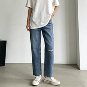 春夏休闲百搭水洗磨破牛仔裤 复古阔形毛边哈伦直筒裤 经典 试衣剪