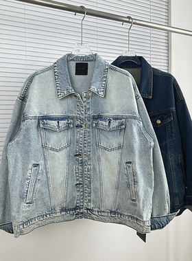 十三行潮牌LE*GER 重磅水洗浅白蓝 高街style宽松版穿搭牛仔外套