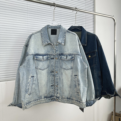 十三行潮牌LE*GER 重磅水洗浅白蓝 高街style宽松版穿搭牛仔外套