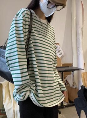 hot*家系列 韩系ins条纹减龄神器单品 春秋休闲百搭宽松全棉长袖t