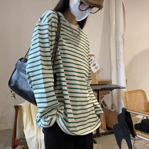 hot*家系列 韩系ins条纹减龄神器单品 春秋休闲百搭宽松全棉长袖t