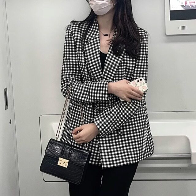 包邮 剪R复古ins时尚气质穿搭格子单西 韩系通勤日常修身西装外套