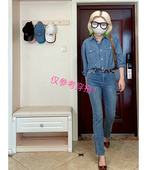 春秋复古水洗弹力中腰牛仔裤 复古九分显瘦毛边小脚裤 包邮 试衣剪