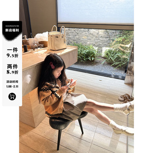 MOMENTHOME莱宝羊毛费尔岛卡其色毛衣开衫童装单排扣圆领女童外套