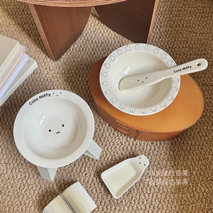 可爱miffy兔米菲宠物猫碗狗碗湿粮碗陶瓷喝水罐头勺护颈增高架