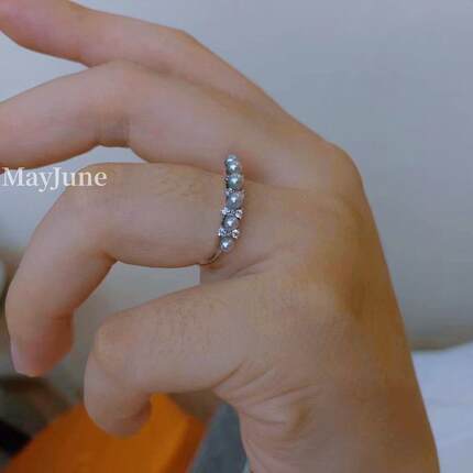 MayJune 轻奢花冠海水真多麻银灰迷你珍珠戒指女品质强光925纯银