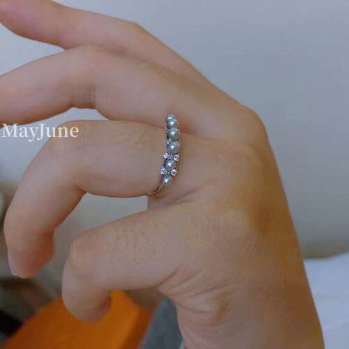 MayJune 轻奢花冠海水真多麻银灰迷你珍珠戒指女品质强光925纯银