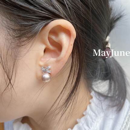 MayJune 轻奢锆石蝴蝶结紫色爱迪生淡水珍珠耳钉正圆925纯银耳饰