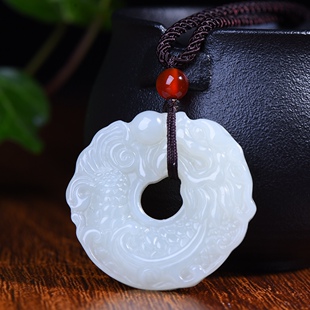 新疆和田玉羊脂玉白玉青白玉双面龙鱼平安扣吊坠男女士款 挂件玉坠