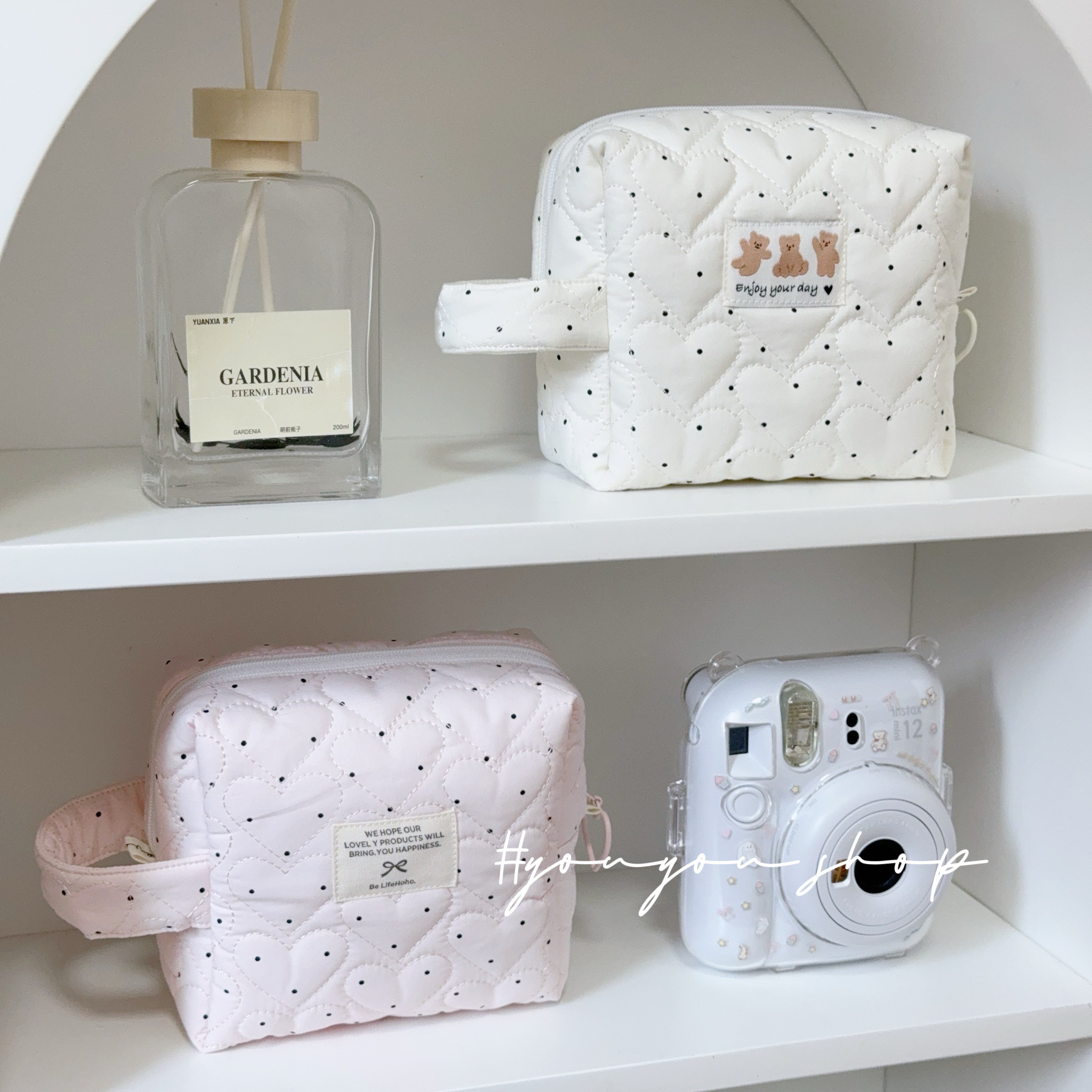 原创韩式拍立得收纳包 夹棉面料ins简约波点可爱小清新手提化妆包