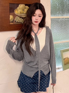 Ciobbur针织衫女休闲百搭假两件V领排扣上衣2025秋季新款官方授权