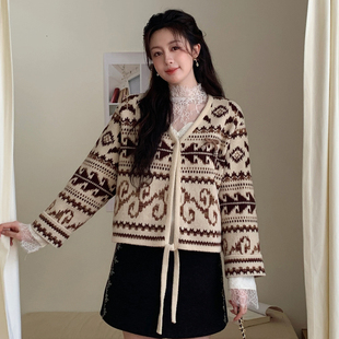 Ciobbur针织衫休闲百搭费尔岛蝴蝶结V领外套2025冬季新款官方授权