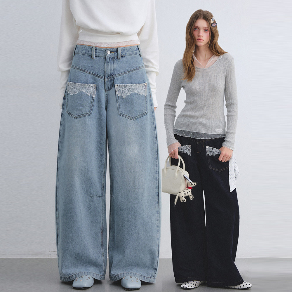 AsGony牛仔裤女士蕾丝口袋水洗弯刀阔腿长裤2026春季新款官方授权,女装/女士精品,牛仔裤,淘宝优惠券,粉丝福利购,淘宝优惠卷