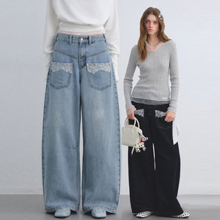 新款 2026春季 官方授权 女士蕾丝口袋水洗弯刀阔腿长裤 AsGony牛仔裤