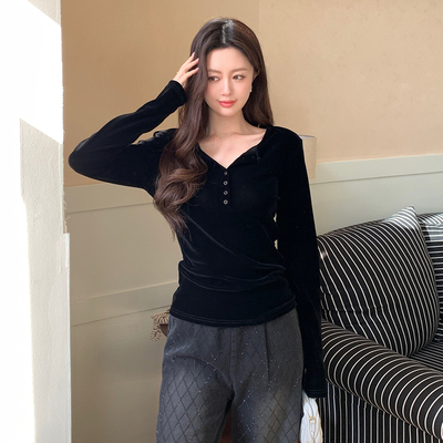CiobburT恤黑色显瘦丝绒V领排扣
