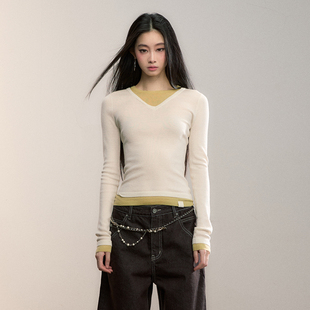 新款 VIA T恤设计感假两件撞色V领上衣2025冬季 长袖 官方授权 PITTI