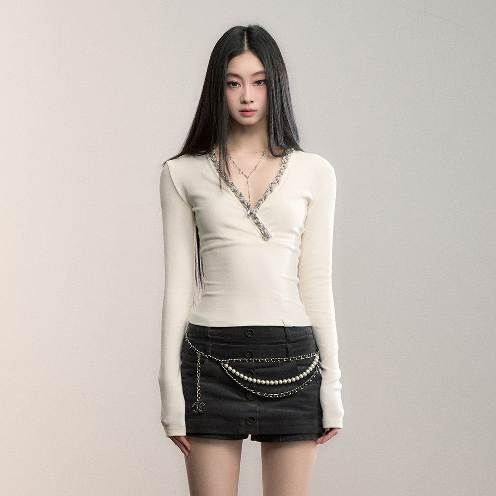 VIAPITTI重工织带拼接V领T恤