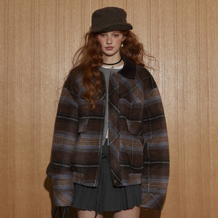 AsGony外套女休闲复古格纹撞色翻领毛呢上衣2025秋季 官方授权 新款