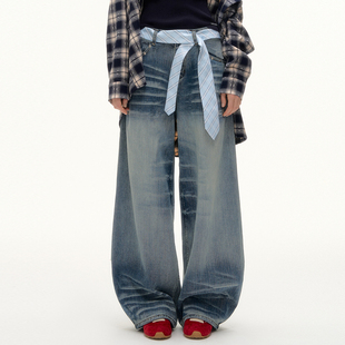新款 2025秋季 官方授权 女领带猫须竹节纹水洗弯刀长裤 AsGony牛仔裤