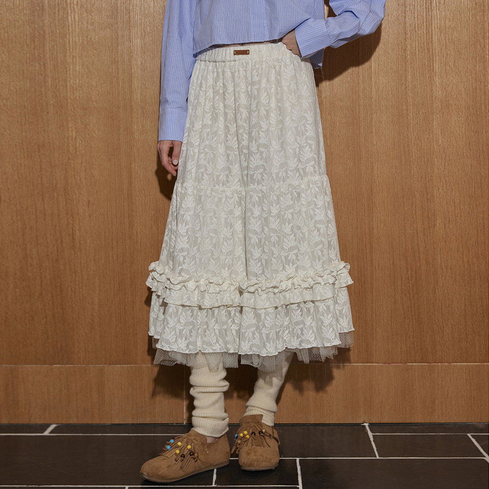 AsGony半身裙花朵提花木耳边松紧