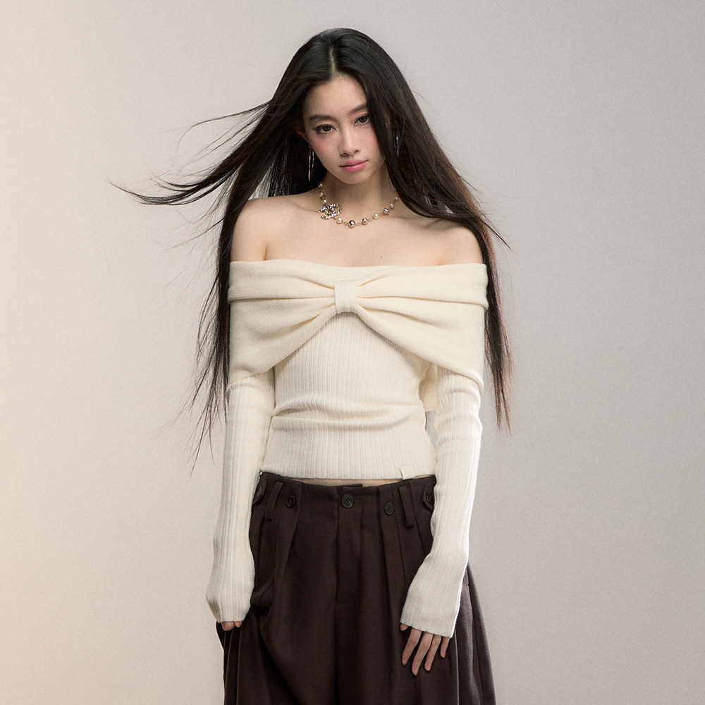 VIAPITTI大蝴蝶结一字肩T恤