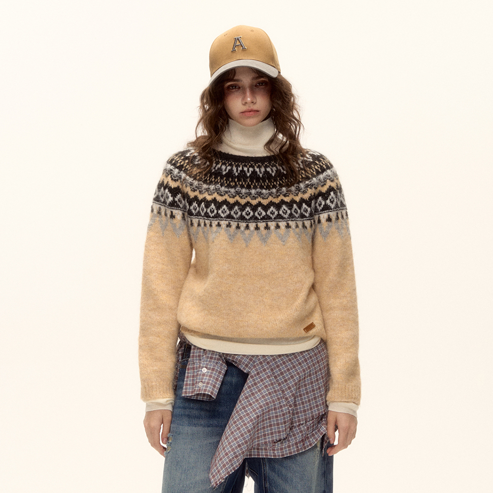 AsGony毛衣圆领套头费尔岛提花