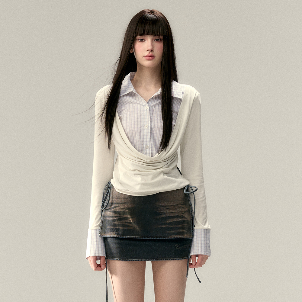 VIAPITTI假两件拼接格子衬衫