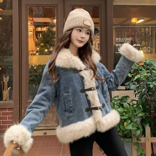 LEAPDREAM外套毛领拼接牛仔