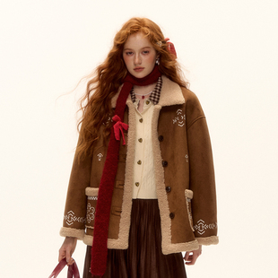 AsGony外套粗线绣花仿皮毛一体麂皮羊羔毛上衣25冬季 官方授权 新款