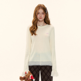 新款 AsGony针织衫 上衣2025冬季 饰圆领打底长袖 官方授权 多层蕾丝装