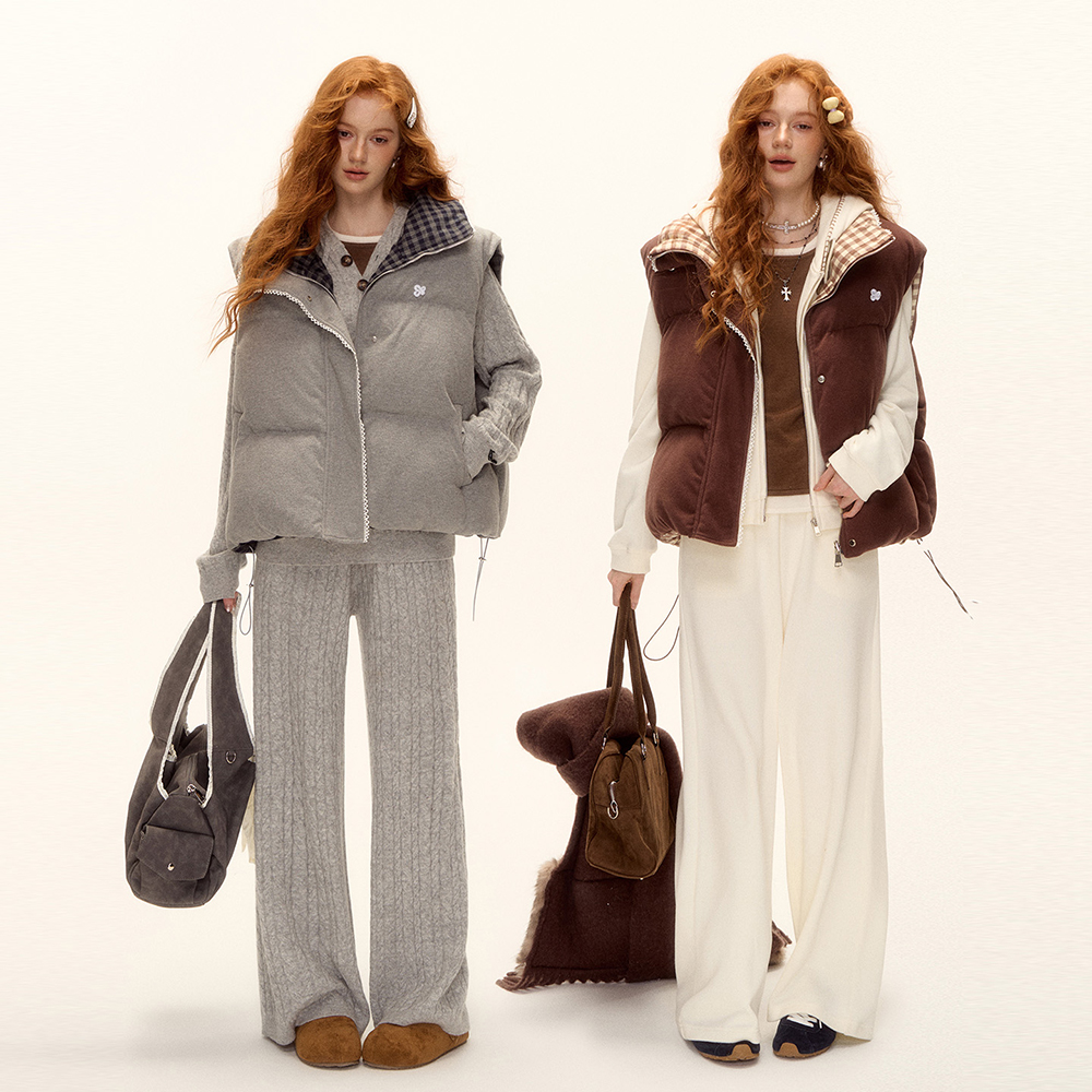 AsGony双面穿格纹蕾丝拼接马甲