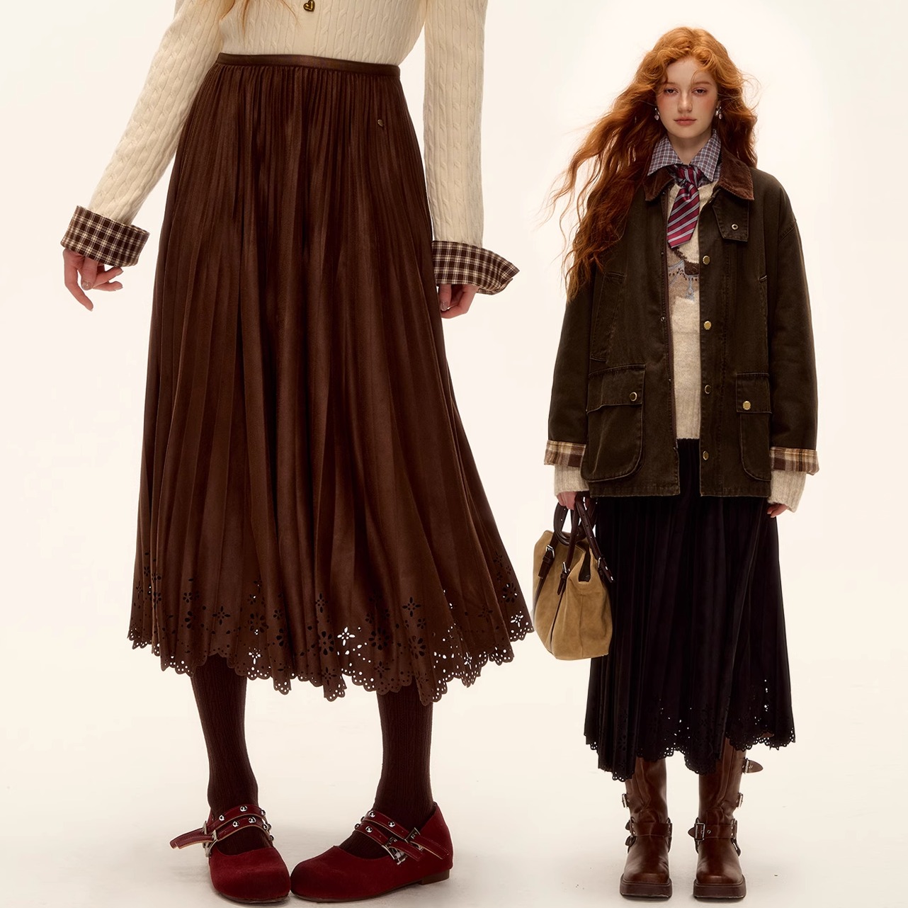 AsGony半身裙镂空花边下摆压褶