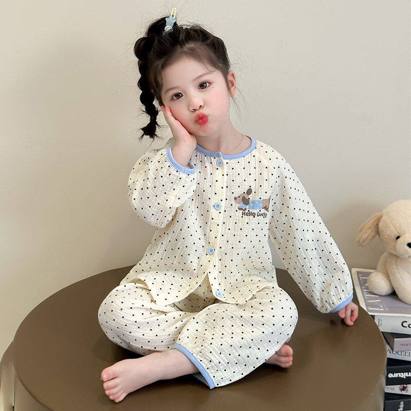 2026新款女童双层纱布睡衣女宝宝纯棉薄款春秋夏季家居儿童空调服