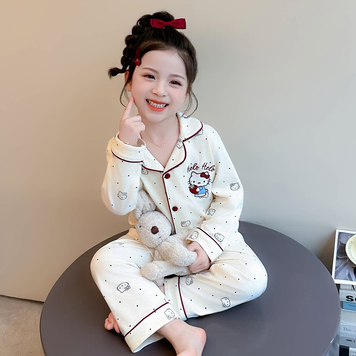 女童家居服春秋新款开衫可爱小猫女宝宝长袖睡衣卡通两件套装a类