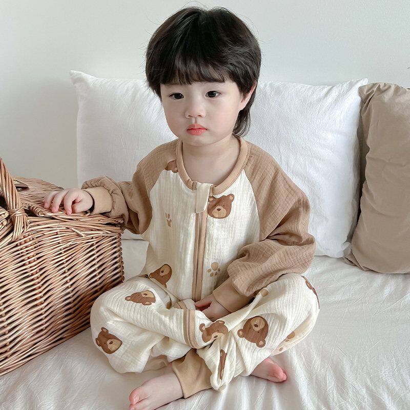 无骨睡袋婴幼儿男童春秋夏季纯棉双层纱布宝宝连体睡衣A类四季