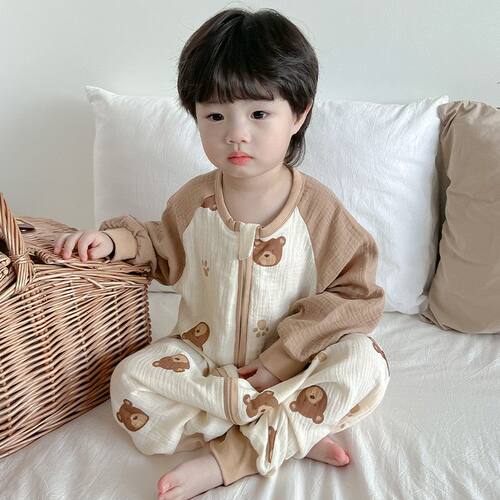 无骨睡袋婴幼儿男童春秋夏季纯棉双层纱布宝宝连体睡衣A类四季